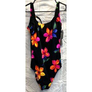 Robby Len Floral Swimsuit 1 Piece Black Floral 16 Nylon Spandex Womens Swim Kohl